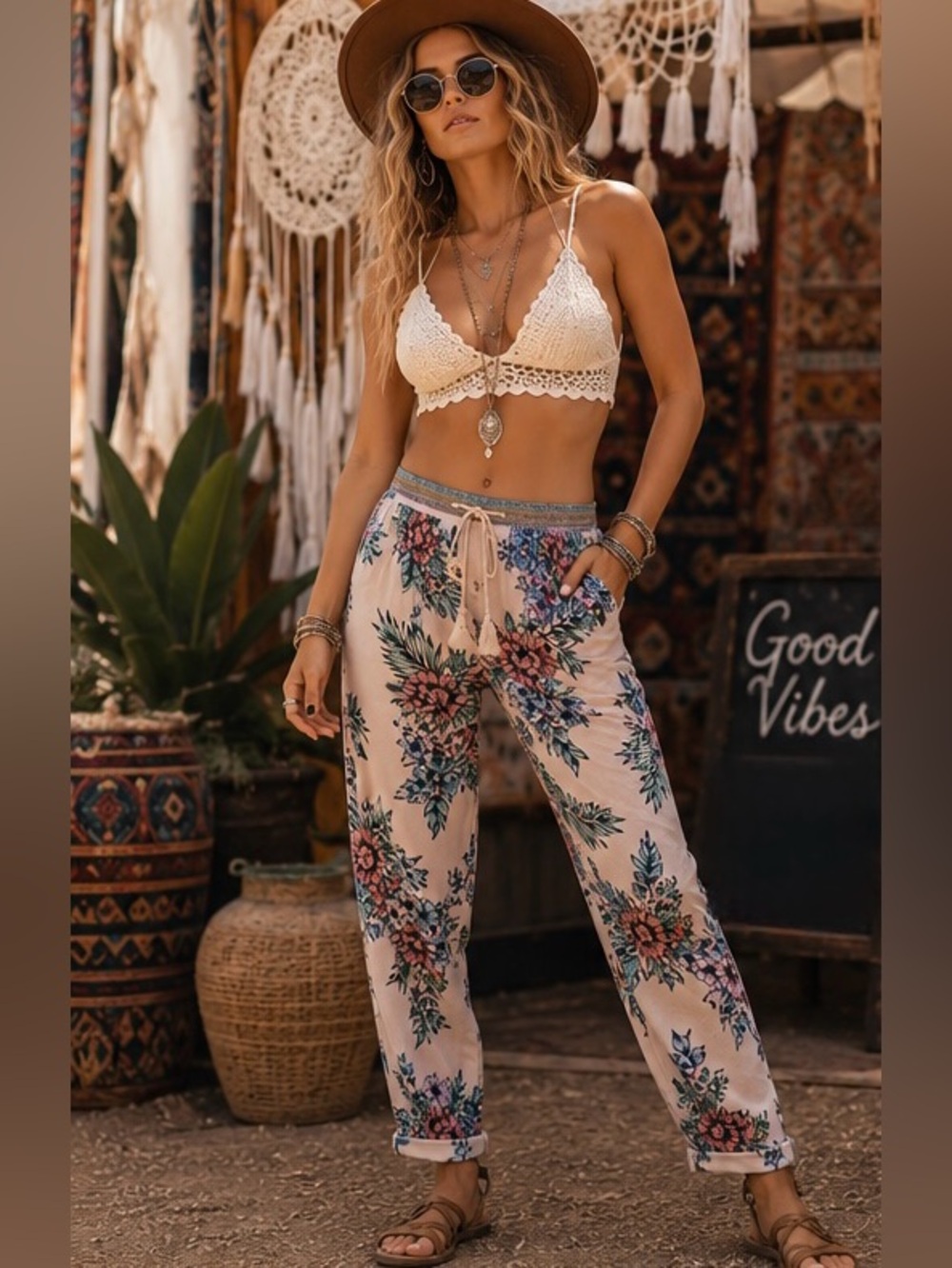 Vintage America Tropical Floral Boho Lounge Pants Tassel Tie Festival Pants SZ L